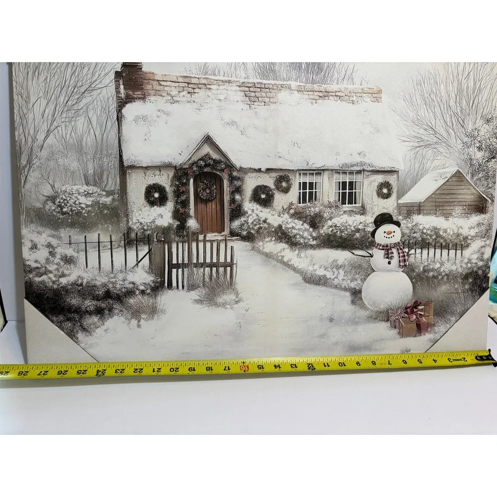Winter Cottage Snowman Canvas Wall Art Christmas Holiday Decor 22x28Large